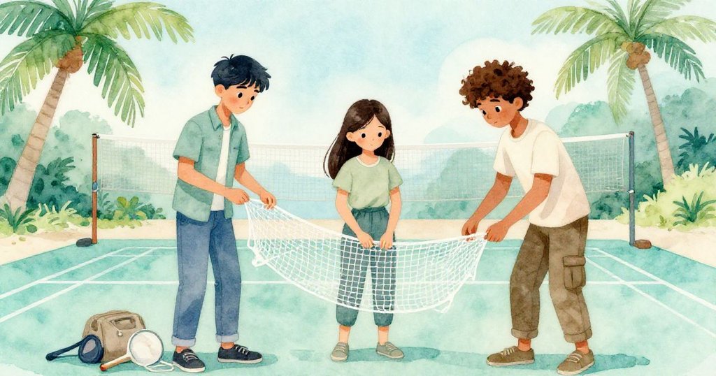 馬可、莉娜、優素福在靜謐球場整理裝備並掛好破網，背景中青蛙叫聲輕盈，表情平和滿足。