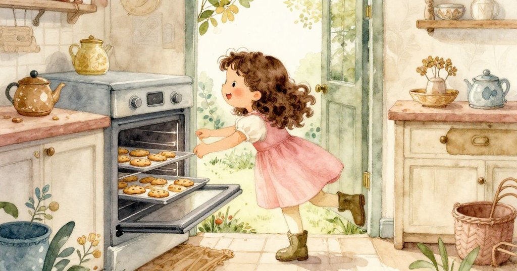 米婭在溫暖的廚房內開啟烤箱門,露出金色餅乾托盤,邁向通往充滿綠意庭園的明亮門口,充滿好奇。