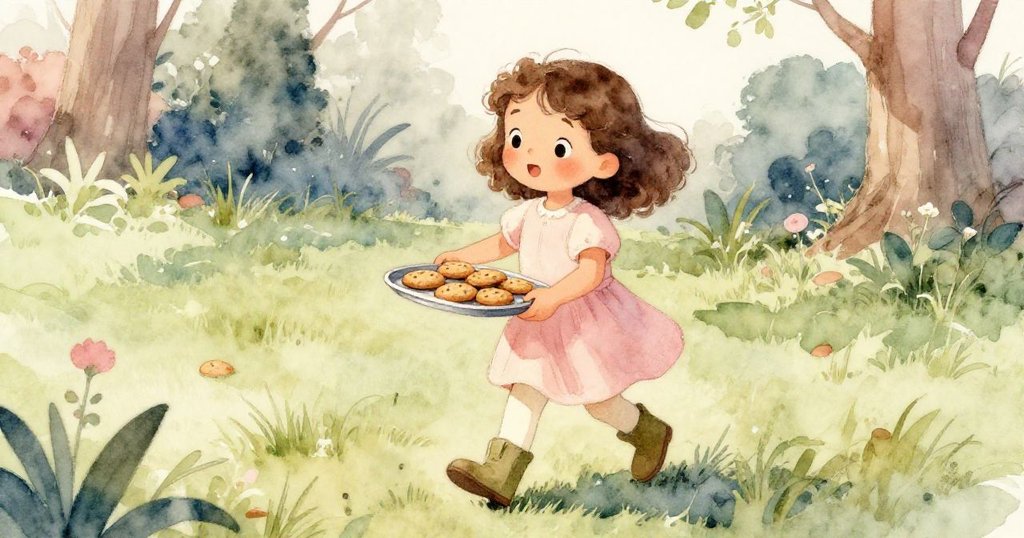 米婭小心拿著裝有溫熱餅乾的金屬托盤,在綠油油的草坪上邁出輕盈步伐,足跡清晰,專注而溫柔。