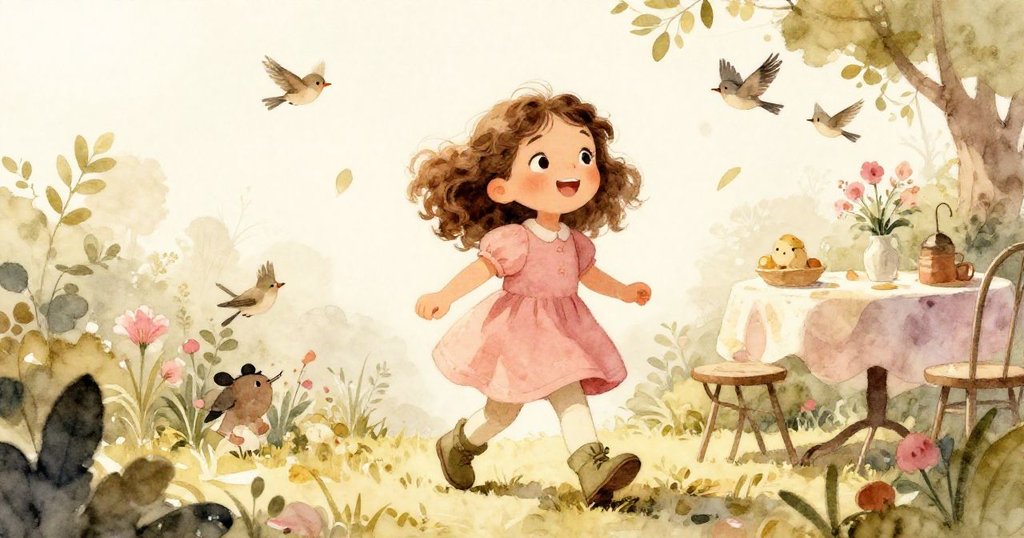 米婭自下而上被仰望著,快樂地走向庭院桌子,鳥兒鳴唱,綠葉隨風輕舞,陽光明媚,氣氛生動。