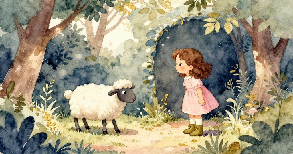 米婭在隱秘花園角落前停下,驚喜地望著一隻好奇小羊闖入狹窄通道,背景有大樹與花卉,氣氛寧靜。