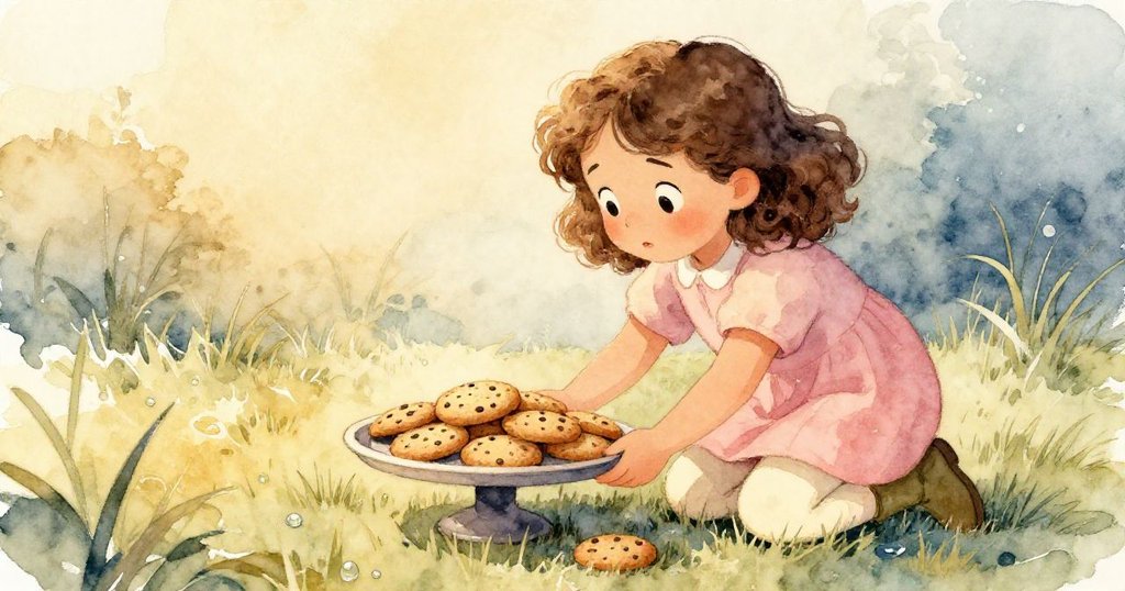 米婭在露水草地上蹲下,小心穩住顫動的餅乾托盤,神情擔憂又堅毅,呈現出應對突發狀況的柔情與努力。