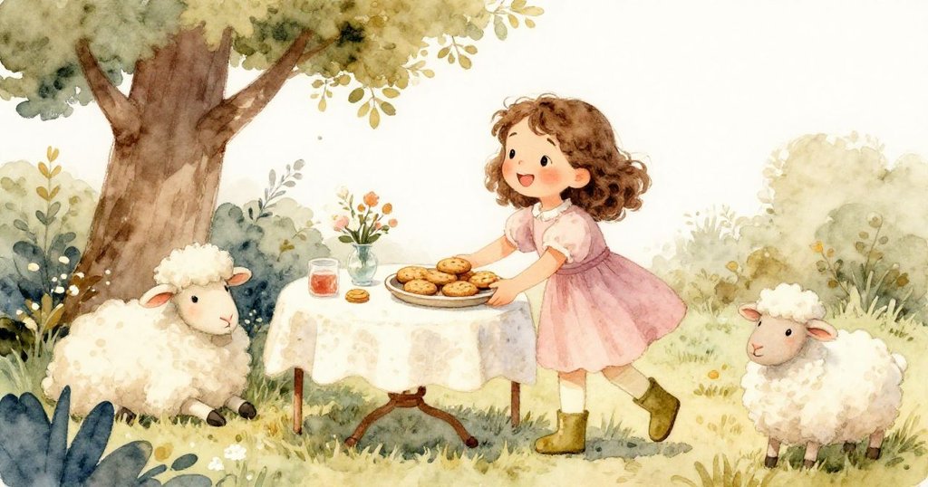 米婭最終站起,高興地將餅乾放上庭院桌,向悠然休息於樹下的小羊揮手告別,現出滿足笑容,陽光溫暖。