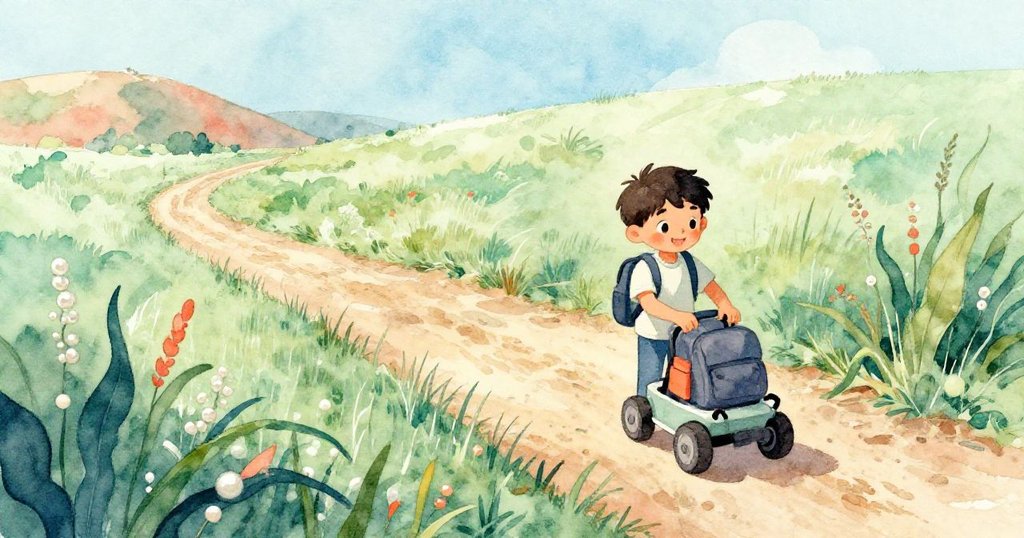 Luis在清晨空中視角忙著把漫遊車放進背包，背景有高青草與低坡，充滿冒險與希望的氣氛。