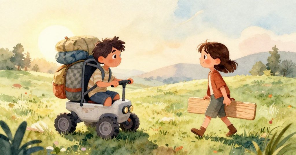 Mira專注操作木板，雙手細膩呈現木質紋理，背景自然柔和，展現冒險準備階段。