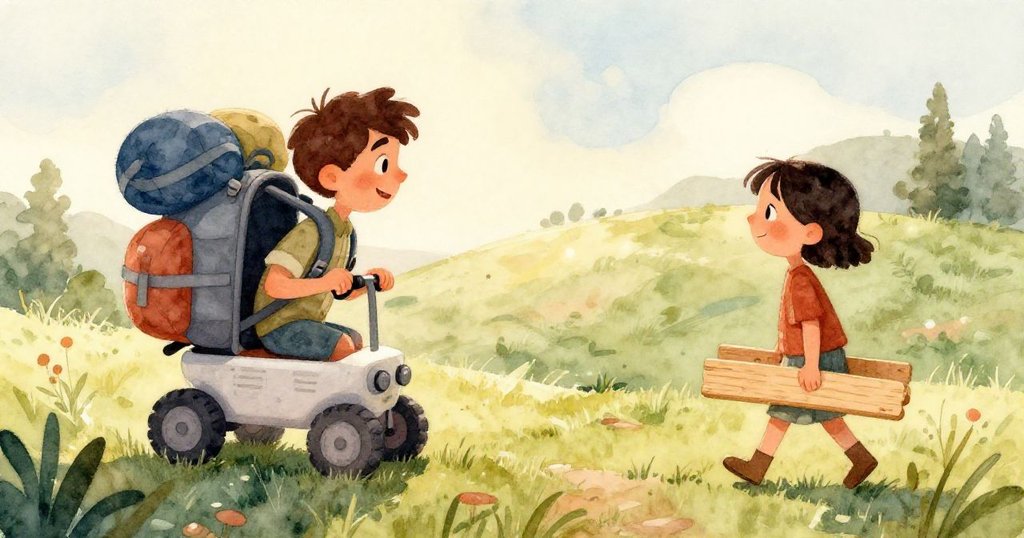 低坡附近微風起，木板隨風滑動撞上原木，展現自然動感與冒險驚喜，充滿生動氣息。