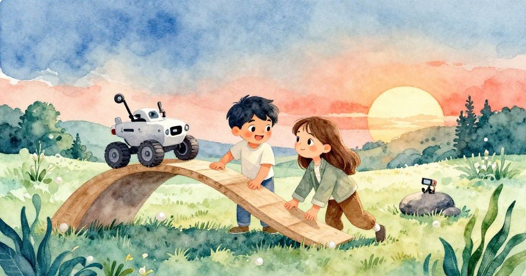 Mira與Luis在夕陽下重聚，搭建坡道捕捉漫遊車拍照笑臉，鄉村背景呈現完美冒險終章與和諧。