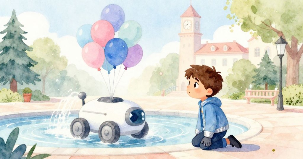 米洛在溫暖晨光中跪在噴泉廣場邊，準備他的氣球漫遊車，背景有時鐘塔和閃爍水珠，展現出冒險的開始