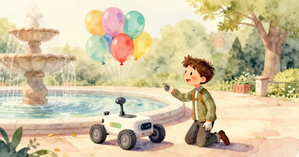 米洛的手戴著手套緊握著細繩，繩子連接著鮮豔飄浮的氣球，展現準備冒險的細節