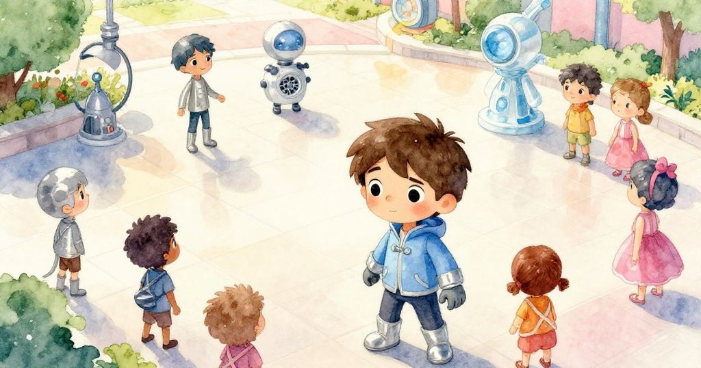 從高處俯瞰廣場，米洛與發明展示者聚集在一起，眾人興奮地觀看活動，展現冒險進展的熱鬧場面