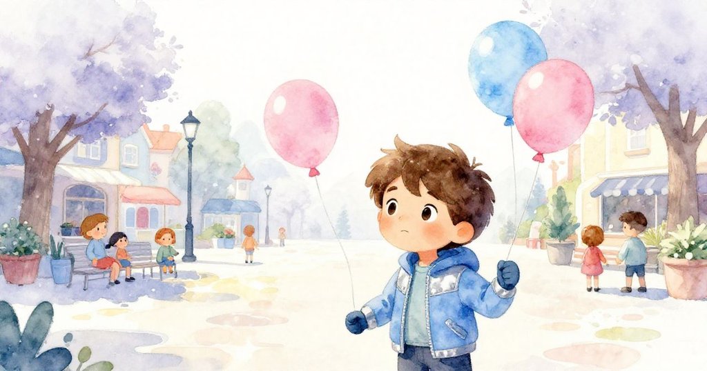 在廣場溫柔季節氛圍中，米洛與彩色氣球互動，風輕撫著氣球，陽光映照在水漬上，展現出浪漫的初景