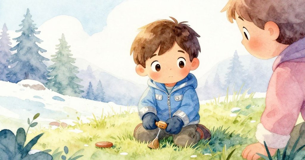 米洛在草地上展現欣慰笑容，收到好心人遞來的小工具，氣球車穩定著陸，展現冒險結束後的溫馨交換