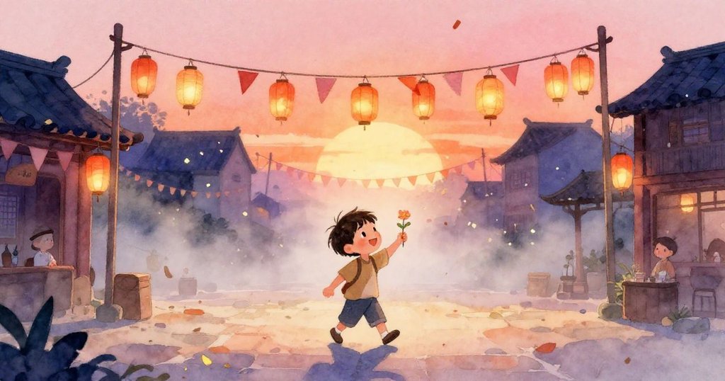 在柔和晨霧中,Sam走在燈籠飄搖的廣場上,臉上帶著興奮與期待,充滿節日氣氛。