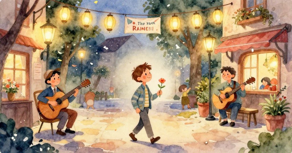 Sam的手中緊握著一朵精緻小花,花瓣細節豐富,背景隱約透露著節日溫暖,充滿希望與夢想。