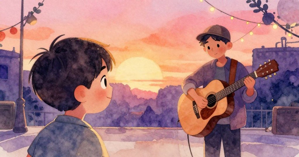 Sam從背後望著專注調弦的街頭歌手,臉上流露出崇拜與感動,背景節日熱鬧景象隱約可見。