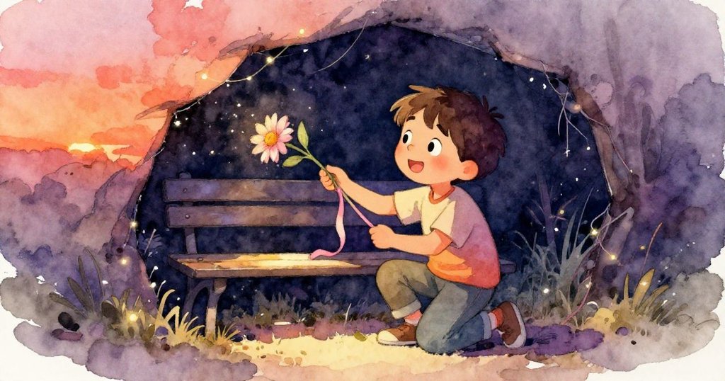 Sam蹲在長椅旁,專注地將絲帶滑入暗處拴住被風吹走的小花,臉上流露出堅定與溫柔。