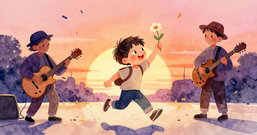 Sam快步前跑,興奮地舉起小花,街頭歌手彈奏著明亮樂章,紙屑隨風飛舞,充滿節日高潮氣氛。