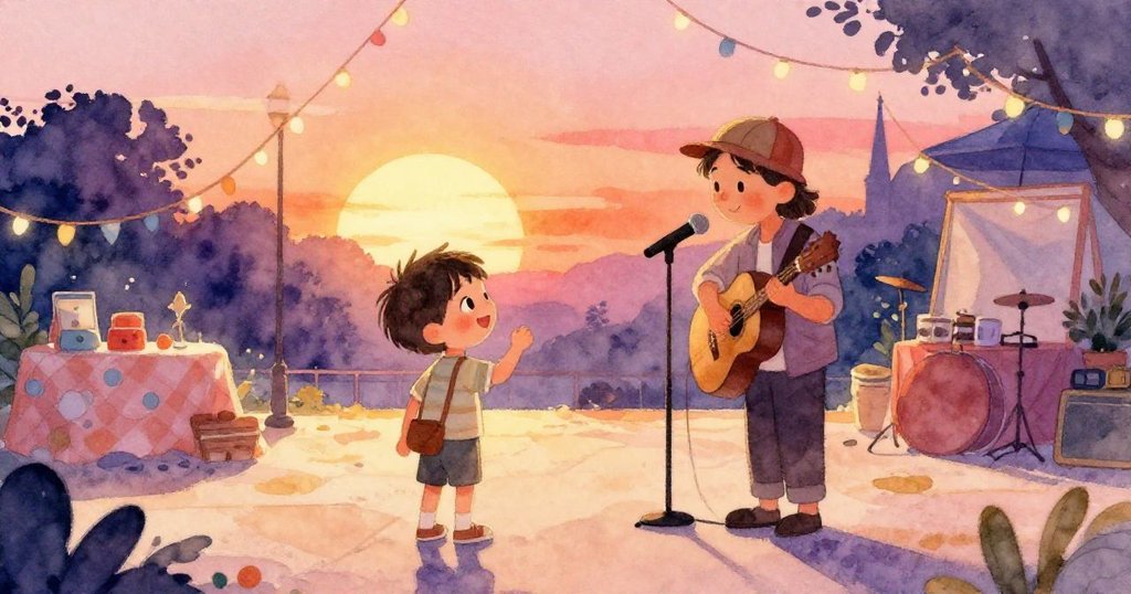 在金色夕陽下,Sam和街頭歌手互相微笑點頭,廣場燈飾閃耀,音樂迴盪,迎來圓滿幸福結局。