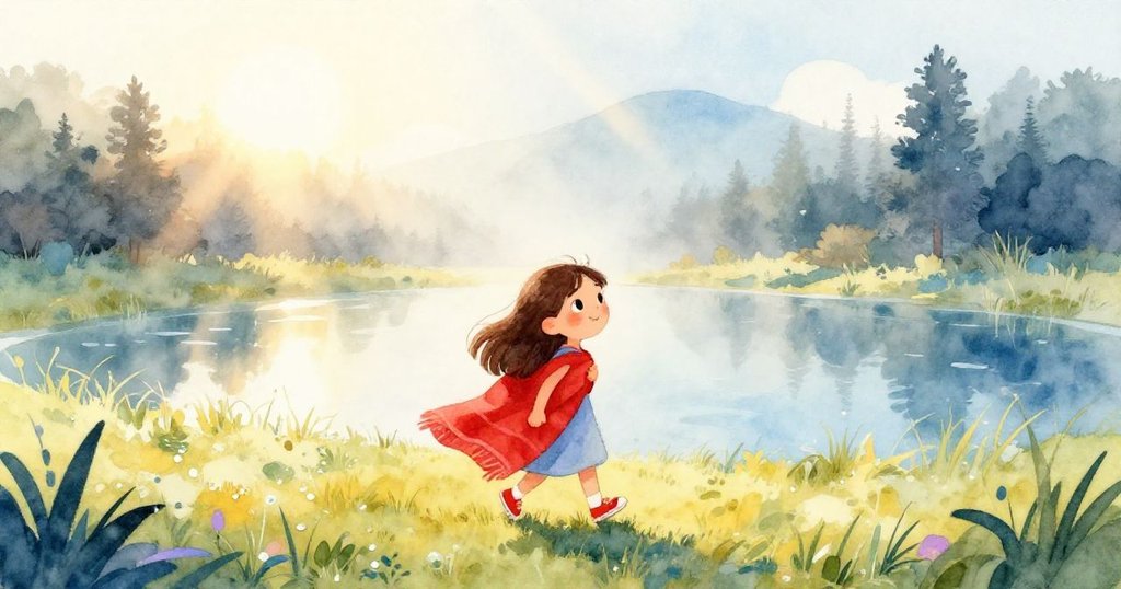 瑪雅在晨霧中揹著紅色野餐布,步向靜謐池塘,神情期待與喜悅,晨光柔和灑落大自然,展開一天美好開始。