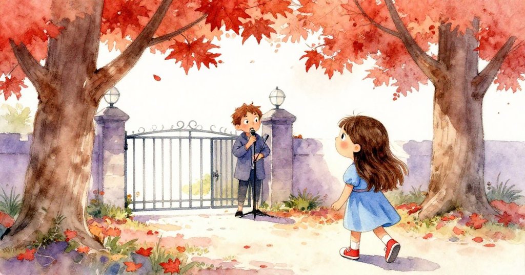 瑪雅背對觀眾走過高大楓樹,轉首注視門邊練唱的音樂家,流露出好奇與期待情感。