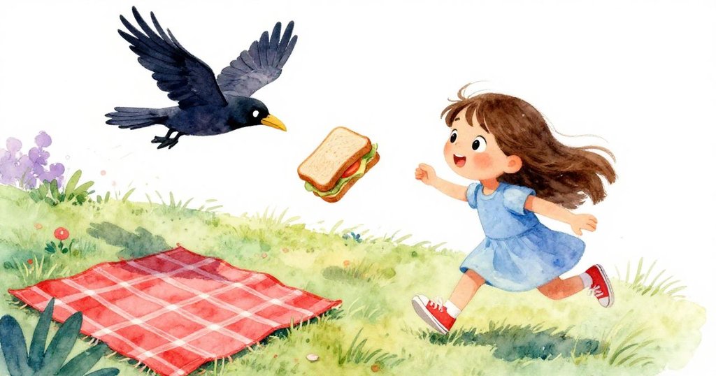 烏鴉突掠過野餐現場,掀動紅布邊角使三明治翻轉空中滾動,瑪雅驚訝神情呼應大自然戲劇變化。