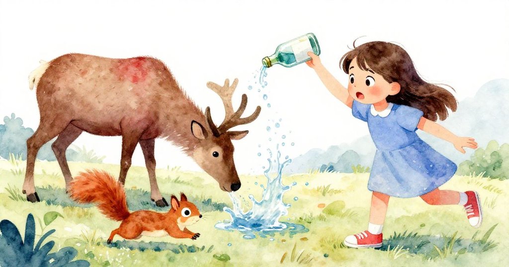 松鼠急奔撞翻瓶子,水花灑落在悠然牧鹿身上,瑪雅焦急收拾野餐物品,展現自然中突發互動。