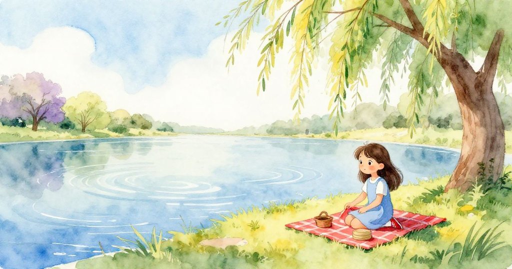 瑪雅在柳樹下平坦草地整理野餐布,靜謐池塘倒映晨光,經過混亂後安然歸於平靜,流露穩定心情。