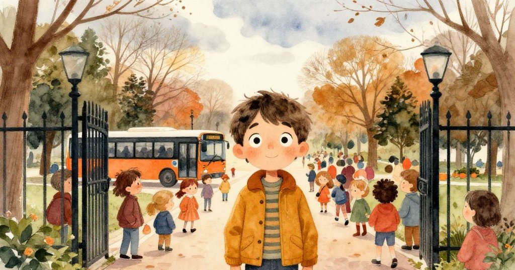 Milo站在擁擠的公園入口，手持相機，臉上帶著專注與疑惑，寒冬中的孩子喧鬧環繞。