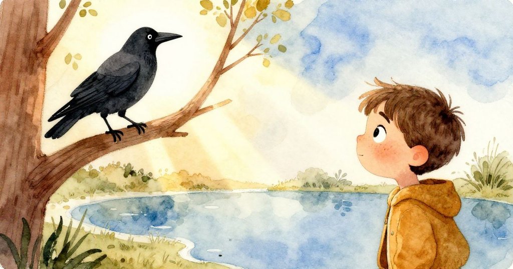 Milo發現水坑倒影，左側是高枝上烏鴉，右側倒映藍天，他專注地凝視，感受自然奇妙對比。