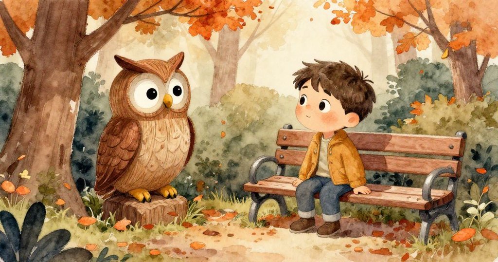 Milo在隱蔽長椅旁仔細觀察木製貓頭鷹雕像，臉上帶著沉思與好奇，溫暖光線映襯著他的動作。