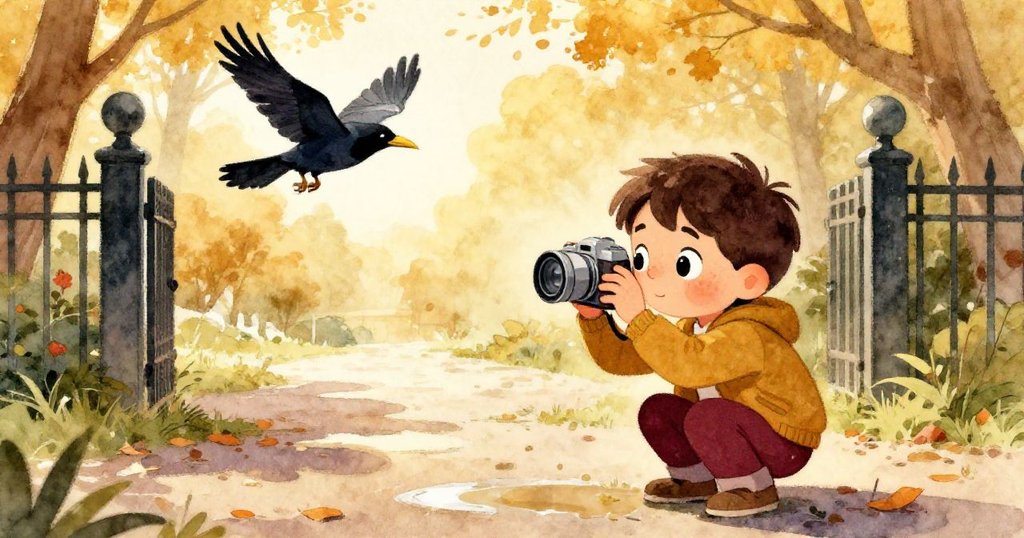 Milo蹲下按下快門，水坑中倒映著藍天與樹枝，遠處烏鴉掠過公園大門，他急速且專注。