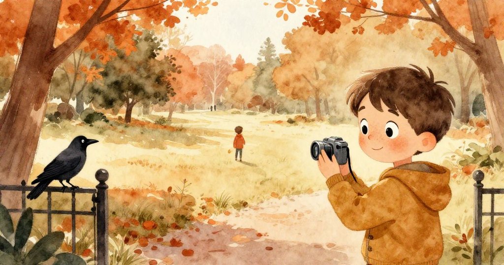 Milo滿意地望著相機屏幕，遠處烏鴉穩坐門欄，公園恢復寧靜，夕陽輕柔映照，心中充滿溫暖。