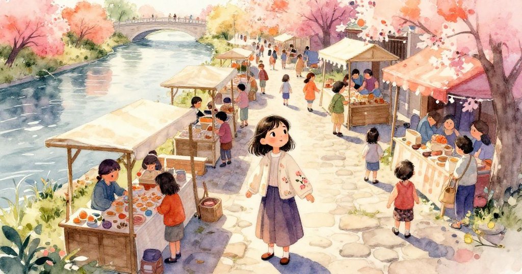 莉拉踏入河畔市集，清晨桃花輕拂衣袖，市場攤位熱鬧拉開序幕，充滿希望與期待。