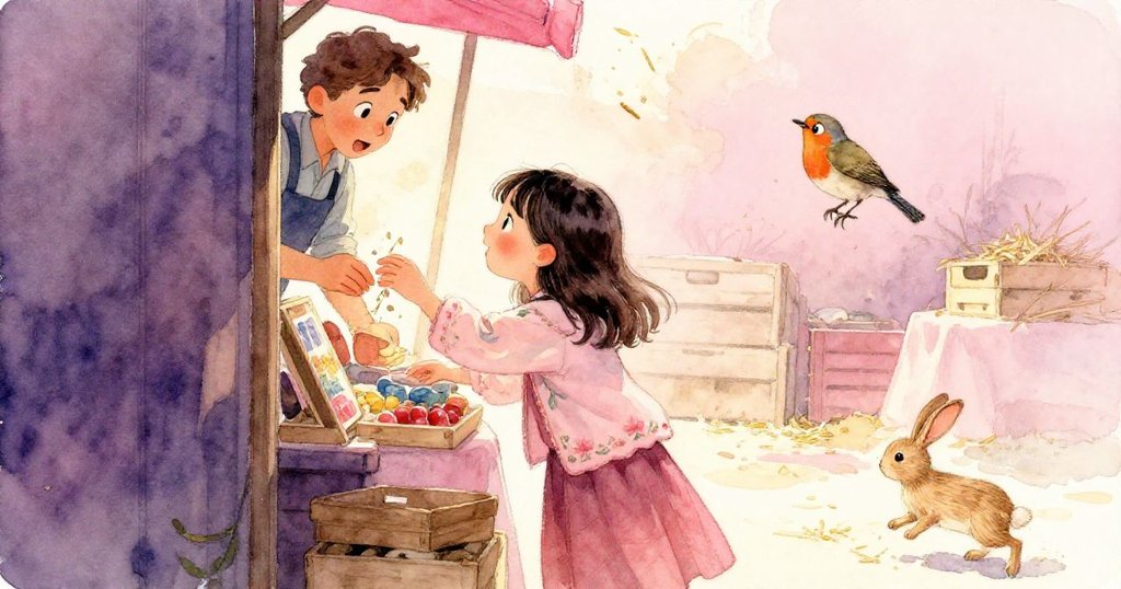 莉拉伸手探觸攤位時，活潑知更鳥飛舞散落稻草，攤販開懷笑語，暗藏驚喜。