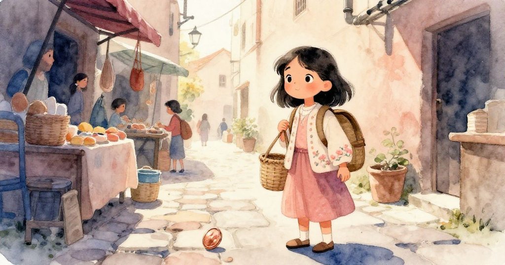 莉拉轉入狹巷，背包觸碰籃子，失落銅幣在不平街石間滾動，畫面充滿動感。