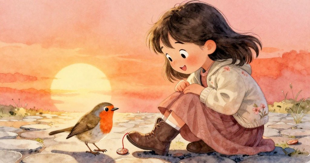 莉拉蹲下抹塵，知更鳥將繫紅線的銅幣送至靴邊，驚喜表情溢於言表。