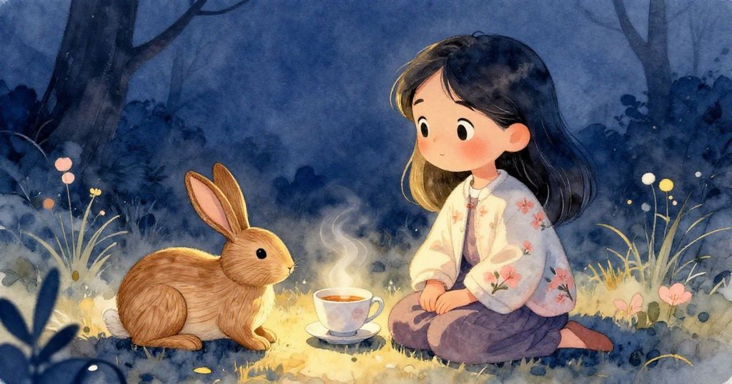 黃昏柔光中，手雕兔子倚茶杯靜置，莉拉滿懷溫馨回憶，結束甜美市集之旅。