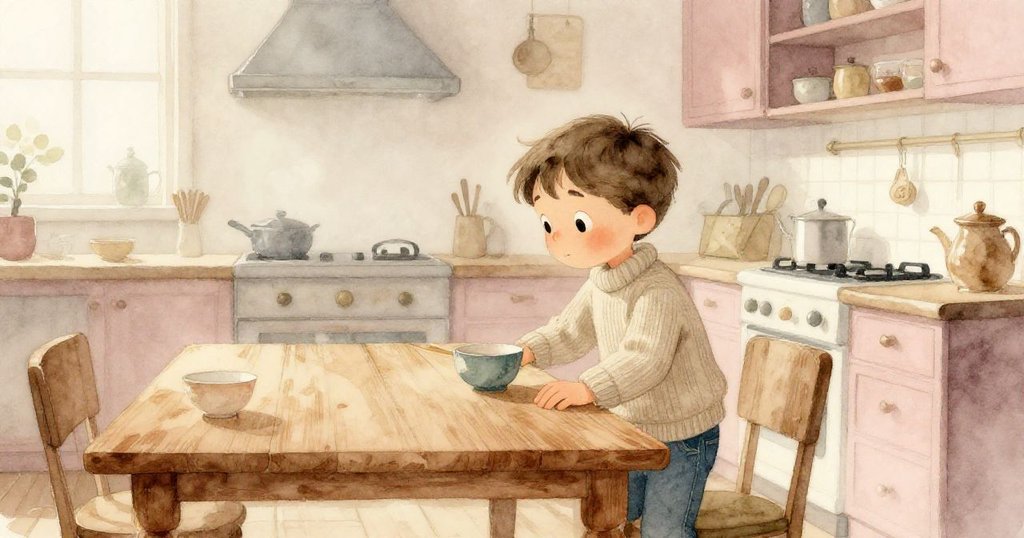 Sam站在晨霧籠罩的廚房中輕敲長桌，柔和光線灑落，表情期待寧靜，展現故事開始的情境。