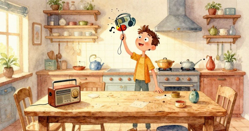 Sam的手拿著古董收音機，收音機上出現顯著靜電，細節豐富，象徵著旋律中斷和轉折的瞬間。