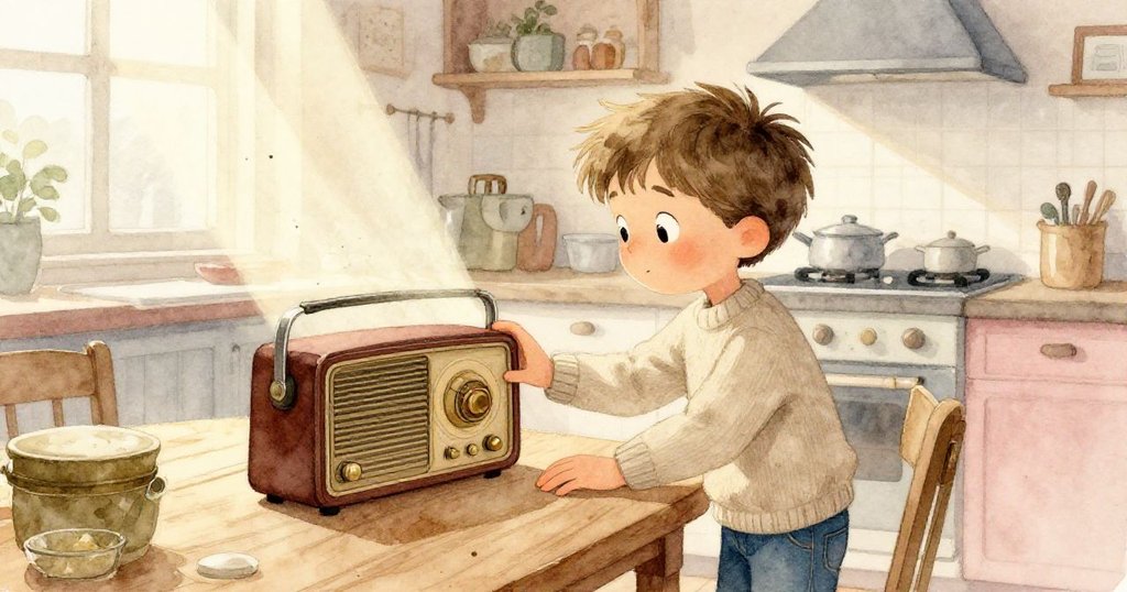 微小塵埃在溫暖光束中舞動，觀察到Sam輕敲桌子與調整收音機，呈現夢幻而動感的微觀視角，故事逐步展開。