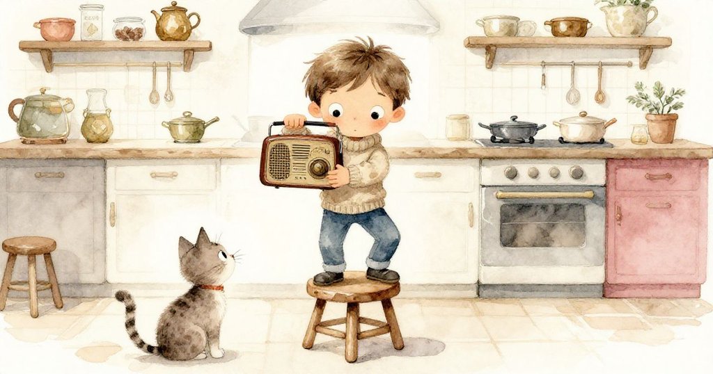 Sam踩在搖晃的小凳子上握著收音機，小貓好奇地旁觀，表情專注中透露期待，情節達到高潮互動。