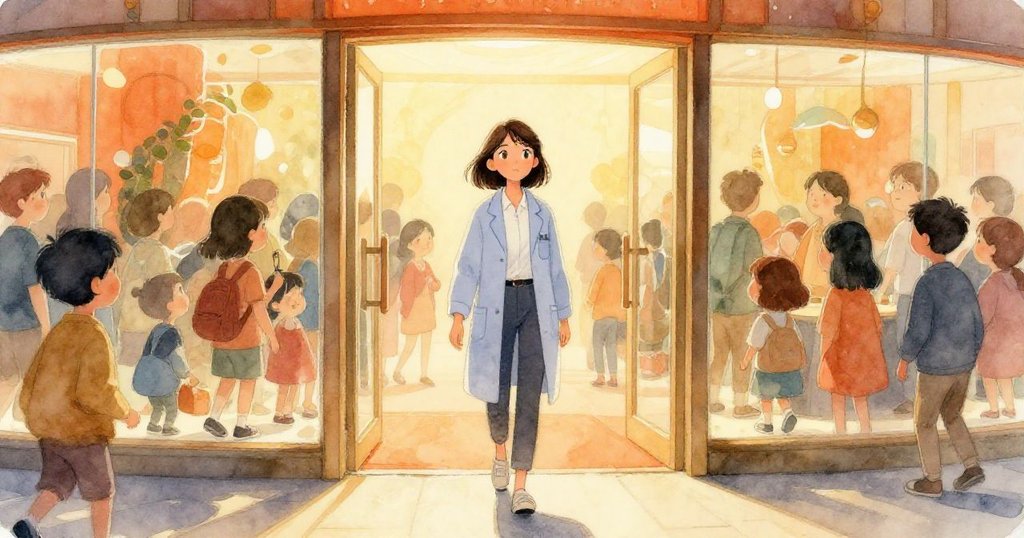 Naomi 舉著平板進入玻璃大門，背景晨光映照人群稀疏，她邁步向前，神情充滿好奇與期待。