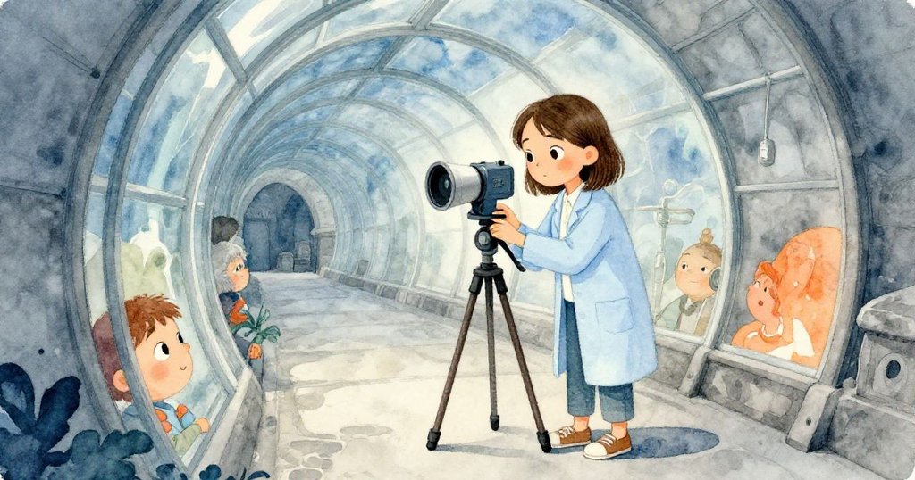 Naomi 在斑駁玻璃隧道中調整感應器，古舊拱門與柔光交織，她神情專注展現古今交融之美。