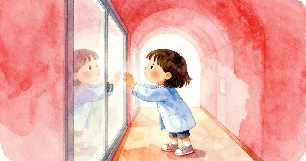 Naomi 視角中，孩童貼近玻璃輕吹氣息，呼出霧狀雲煙，光影斑駁中展現童趣與探索精神。