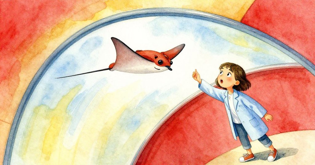 Naomi 驚喜按下快門捕捉偽裝魟魚無人機劃過天花板，背景光影交錯，洋溢歡樂笑聲。