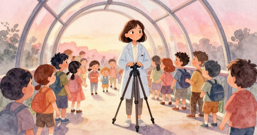 Naomi 收起三腳架後融入離去人群，玻璃隧道內柔和光斑與鯨魚歌聲映襯出溫馨寧靜結局。