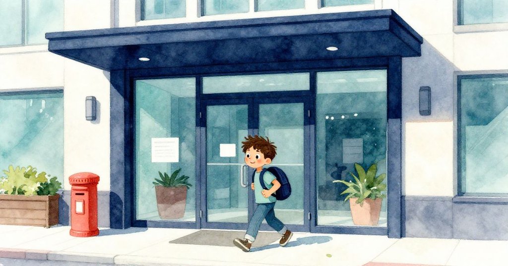 米洛踏入現代郵局玻璃門,背包在風中飛揚,眼神堅定,繁忙的城市廣場中透露出期待與緊張氣氛。