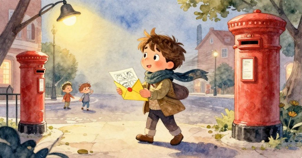 米洛專注地握著充滿創作靈感的明信片,手指細膩傳達出對漫畫的熱愛,背景隱約透露都市情景。