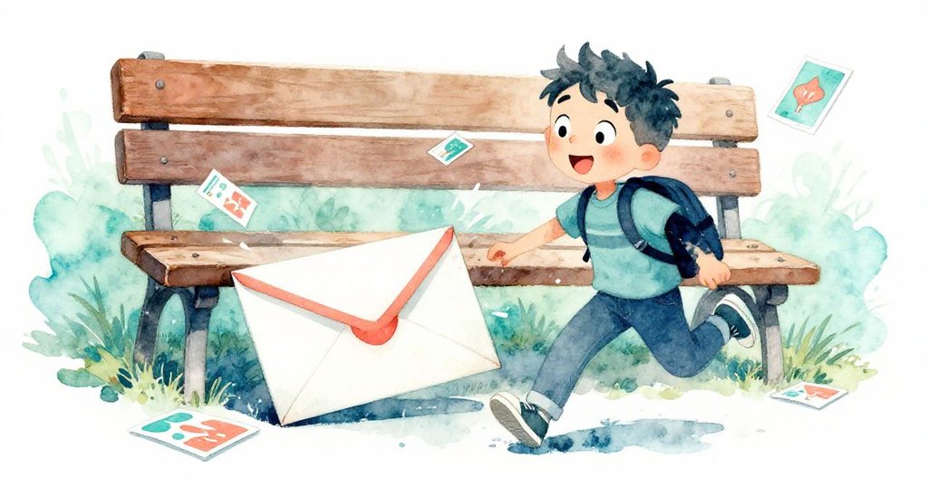 米洛的明信片在陣風中滑向木椅下,旁邊散落著明信片,視角傾斜展現出動感與驚訝表情。