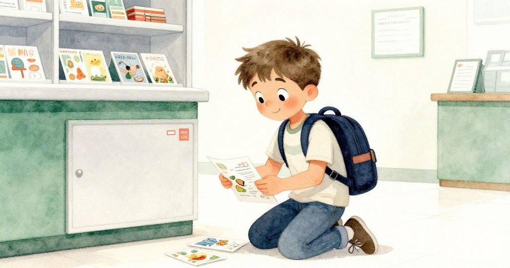 米洛在郵局內彎腰撿取夾著秘密便條的明信片,充滿好奇與驚喜,室內光線柔和營造出溫暖氛圍。